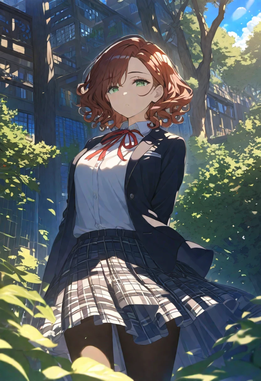 Masterpiece, hdr, bloom, 4k, Anime-style illustration featuring a beautiful female student, madokahiguchi, madoka_higuchi, short hair, dark brown hair, eyebrows hidden by hair, wavy hair, dark green eyes, (minigirl), soft expression with large, slightly downturned eyes, giving her a calming and approachable aura, large breast, She is wearing a formal school uniform consisting of a black blazer, white shirt, red neck ribbon, red plaid skirt, and black pantyhose. reflecting her reserved but comforting personality, The background is a serene school courtyard during a sunny day, with trees, a blue sky, and soft sunlight filtering through, creating a peaceful and bright atmosphere. The style is detailed and vibrant, evoking a classic anime scene, cowboy shot, looking at viewer