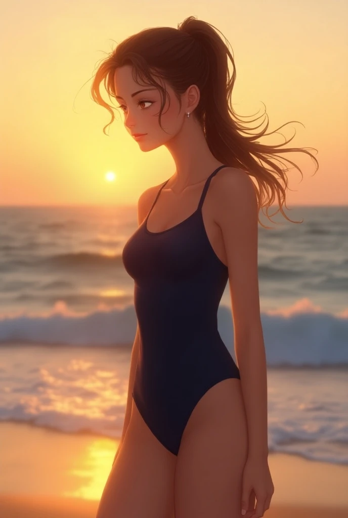 Smiling softly, hands behind her back, sunny day, wearing a purple bikini, beach background, sea, sand, cinematic camera angle, nice view, hands behind her back,
