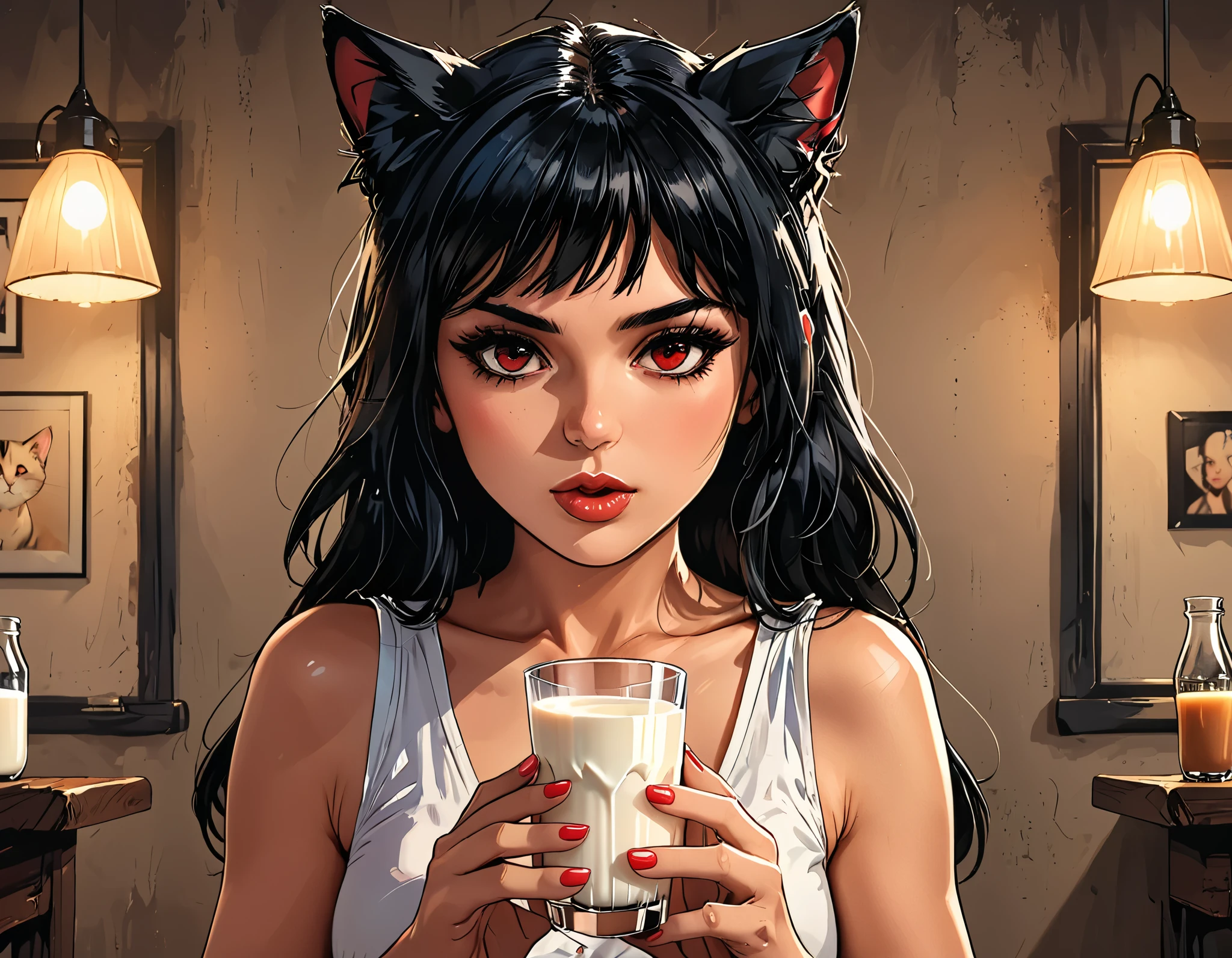 ((((Drinking a glass of milk while holding it with both hands with tender eyes watching the spectator))  a woman junkotvvxl)), black hair, fringe, cat ears, red eyes, macro,  close,  graphic style comic book , 2d, 8K, hyperrealism, masterpiece,  High resolution,  Best quality ,  pompous skirt,  super realistic ,  hyperrealistic art, High-quality, ultra  High resolution,  more detailed, Many details, Detalles de extremadamente  High resolution, Incredibly realistic, showy,  soft cinematic light ,