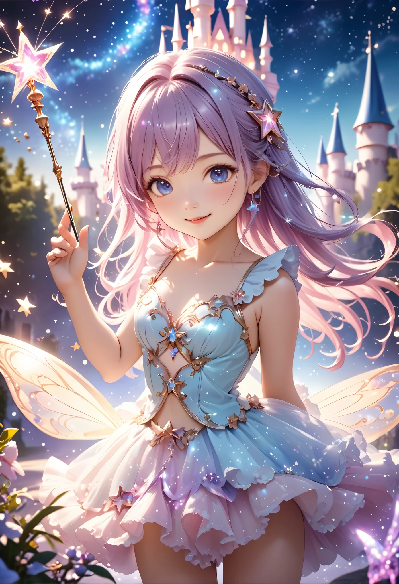 Star Fairy、Anime magic wand、ハート型と星型のcute杖、Close up on walking stick、cute、pastel colour、