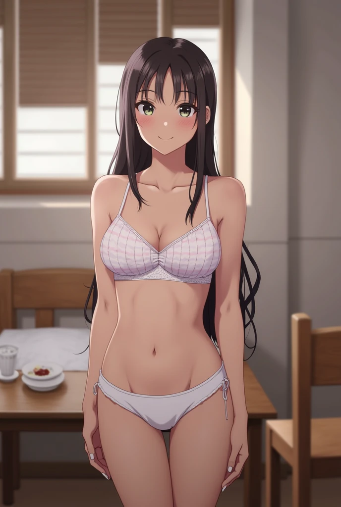 Amazing Chitanda, There is only one beautiful girl，Purple Eyes, Black Hair, Very red face，Very white skin，Glowing skin，Naturally straight hair, Straight bangs，Extremely refined，Open lips，Long flowing hair，Beautiful Girl, Like a dream，Slim，Soft, (Sensual), (Kawaii), Dream quality，Beautiful big breasts，Wearing a white swimsuit，in the classroom，Skirt lift，Transparent clothes，no pants，Showing breasts，Show your thighs，Showing collarbone，Show your neck，Exposing the groin，Show your belly button，No pants，extremely shy，Ultra-high resolution, (masterpiece:1.2, best quality), (Delicate and beautiful eyes: 1.2), (Beautiful and delicate face)