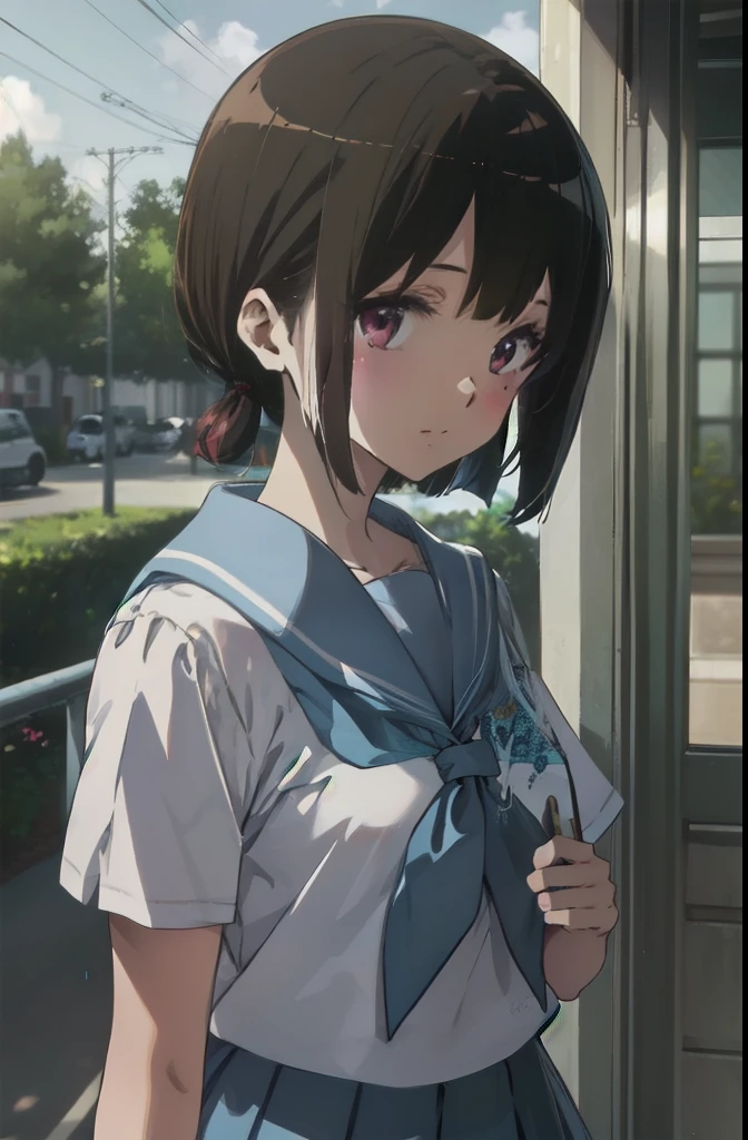 top-quality、Perfect Body、 completely up to your fingertips 、 Slender Beauty 、 straight hair、 twin tails、Knee-length、 blue school uniform、 small eyes 、 outside