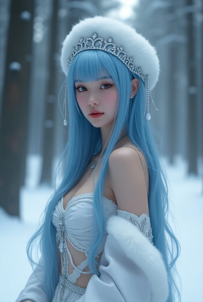 Masterpiece, Best Quality, Extremely Detailed 8k, Ultra HD, Ultra-detailed, Highly Detailed, Ultra High Realistic, Ultra-realistic, Hyperrealistic, Hyperrealism, (1girl:1.5), (Solo:1.5), Anatomically Correct, (Detailed Realistic Skin Texture), (Realistic Big Breasts:1.45), Slender Abs, (Closed Mouth:1.3), Nsfw, Dynamic Pose, (Beautiful Cute Pakistani Woman:1.55), (upon body from head to thigh:1.35), (blue hair:1.35), (green eyes:1.35), (exposed nipples breasts:1.5), (Winter Parka:1.35),