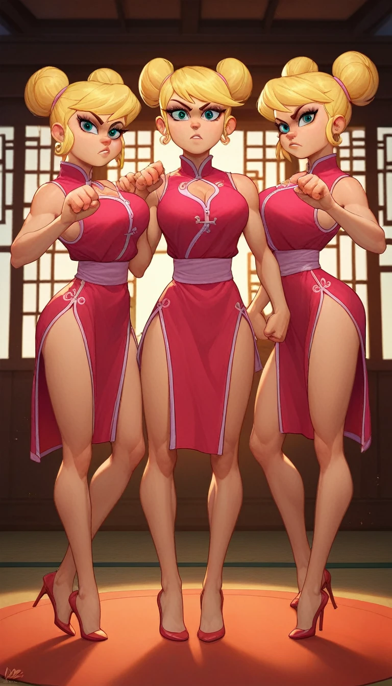 lola loud, 3girl, trio, 24yo girl, large breasts, pink cheongsam,  inside of a chinese temple, looking at viewer, blonde hair, two hair buns , hands  score_9, score_8_up, score_7_up, high heels, teep fighting stance,martial arts, triplets,  chest windows