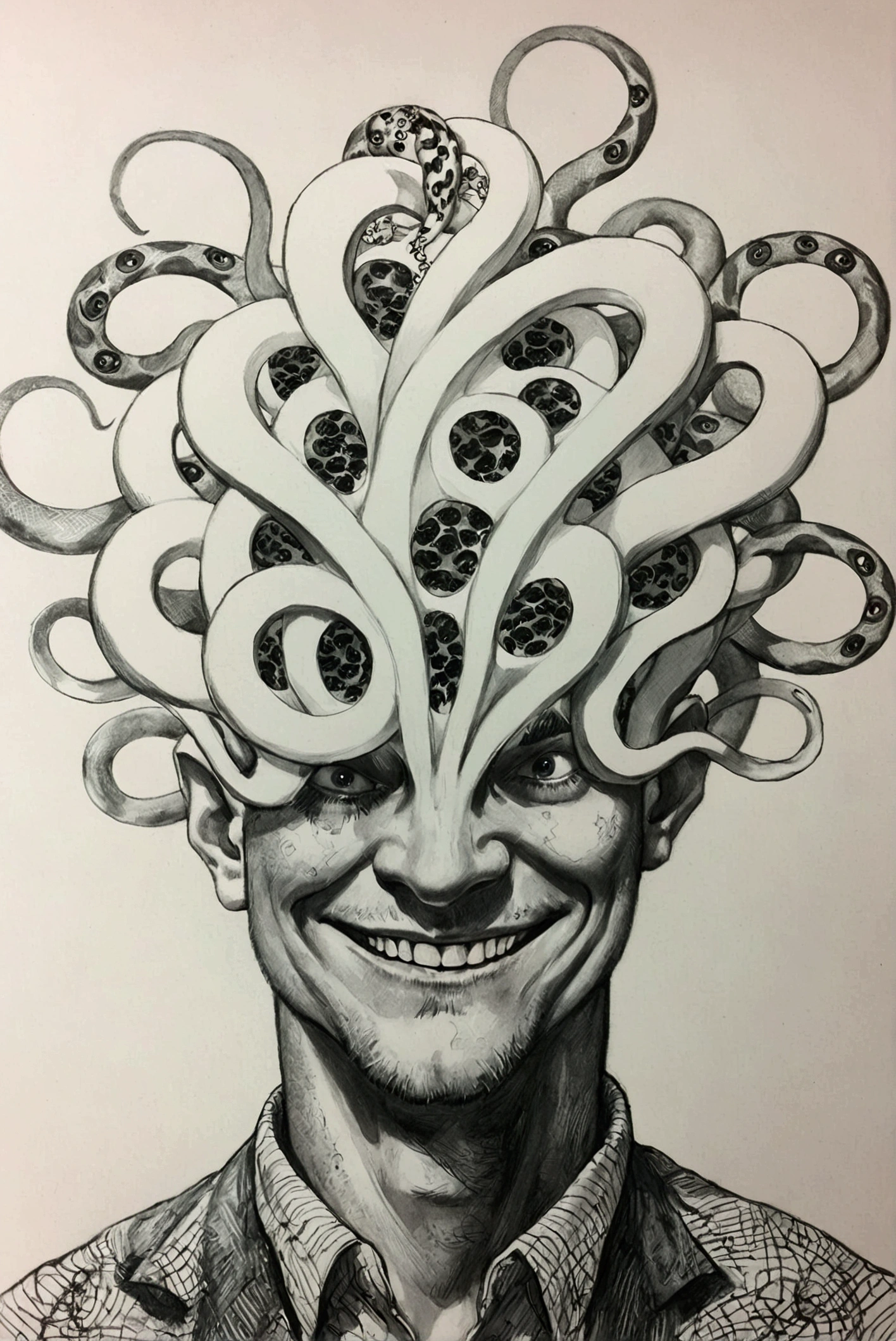  drawing of a man with a strange head made of snakes, Ink and pencil, Graphite on paper,  pencil and ink  drawing, Pen drawing, Surreal painting, 詳細なPencil drawing, Medusa's head ,  pencil and ink ,  fine lines and graphite ,  very detailed face , Beautiful , Complex Drawing, Pencil drawing, Detailed pencil sketch, Detailed view, Psychedelic Laughing Devil、Mobius Art