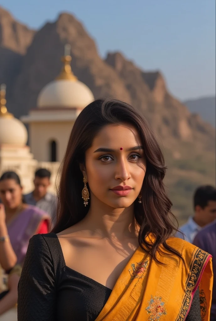 beautiful detailed eyes, beautiful detailed lips, extremely detailed face and skin, exquisite Indian woman, Shraddha Kapoor, 1 woman, elegant saree, traditional Indian saree, traditional clothing, ornate jewelry, ornate headpiece, visiting Kedarnath temple, ancient Hindu temple, in the Himalayas, mountainous scenery, dramatic lighting, warm color palette, rich textures, (best quality, 4k, 8k, highres, masterpiece:1.2), ultra-detailed, (realistic, photorealistic, photo-realistic:1.37), intricate details, cinematic composition, dramatic mood