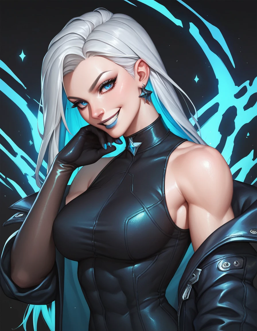woman supervillain, beautiful, sexy, curvys general nazi woman with cleavage and cape, transparent chothes, style nazi with cape sunglasses, short hair , messy hair , grey hair, face detailed, blue lipstick, confiant, psycho, crazy, cruel, power of ice, diamond, snow, frost