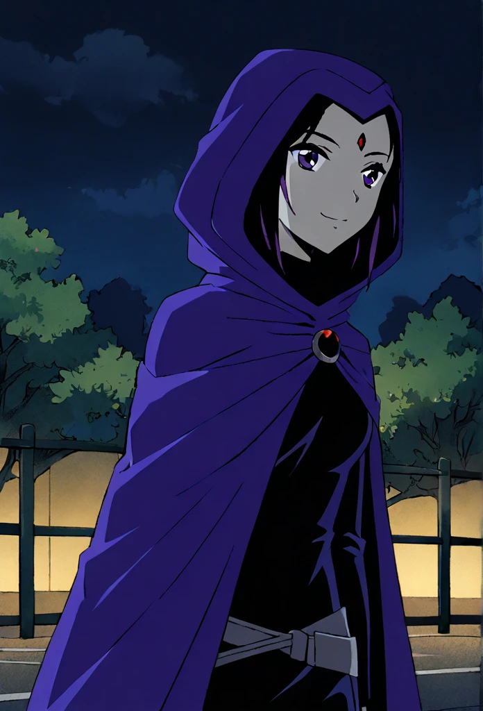 1girl, solo, raven (dc), purple eyes, purple hair, smile, grey skin, forehead jewel, blue cape covering whole body, cape touches the ground. long blue cape, standing, night, park, hood covered head, Masterpiece, Best Quality, 