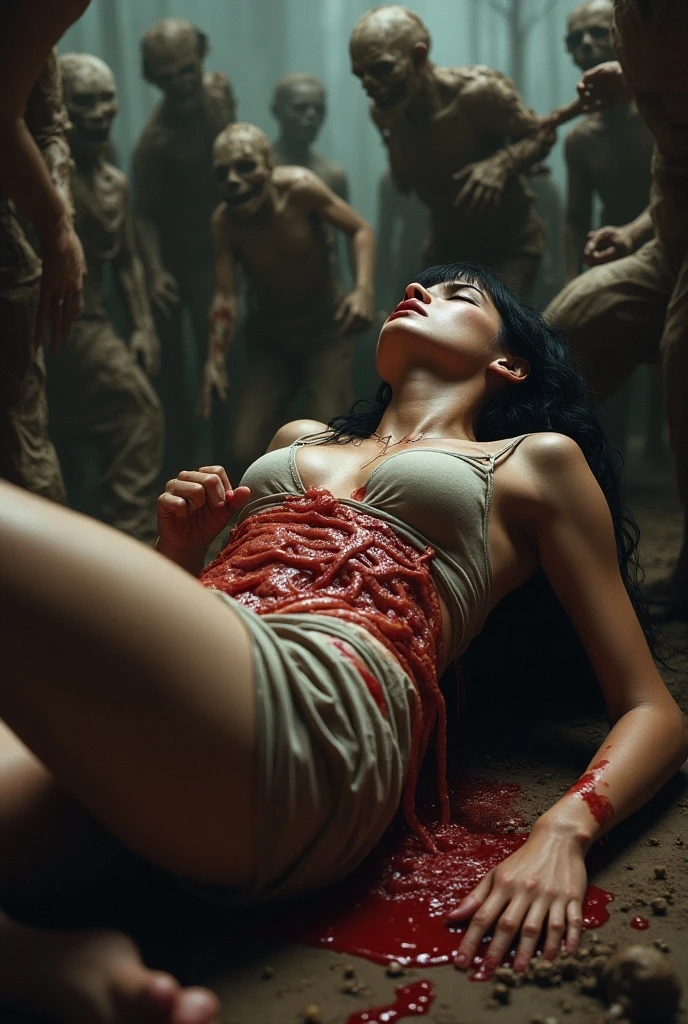 Ariel View, A nude Japanese woman covered in dark red ink in a dirty place with her binini top torn and open, pulled down, nipples seen, and dirt on her chest. Sad expression, And he was sleeping on the dirty floor, suddenly there was mud from the roof tiles, his body was covered in a lot of mud, and she fell down, she fell in a pile of cow dung, Legs open, vagina seen, pubic hair, deep wounds, Rubbish all around her, trash, Asleep, mouth slightly open, sad expression, laying down, full body shot, face slightly disfigured, body wounds, cuts, abrasions, scars, dirt marks, covered in dark red ink, Blood, large machete lays on the floor next to her