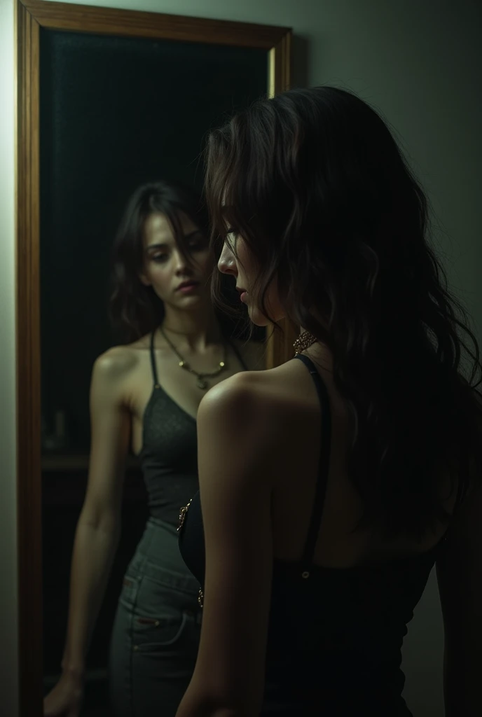 Create a haunting scene of a young woman standing in front of a broken mirror, the reflection in the mirror is a naked dark woman, in a very dark and gloomy room, A hyper realistic image, detailed, The woman only has pink panties, of lace.