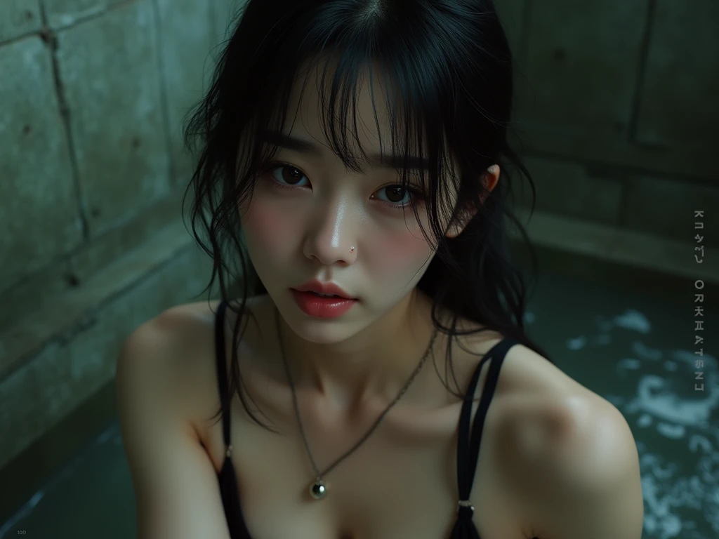 night scene, dark, a stunning photo with beautiful saturation by Emily Soto, pretty korean idol woman, (mature:1.3), best quality, sultry, seductive, wet (looking at viewer:1.3),
