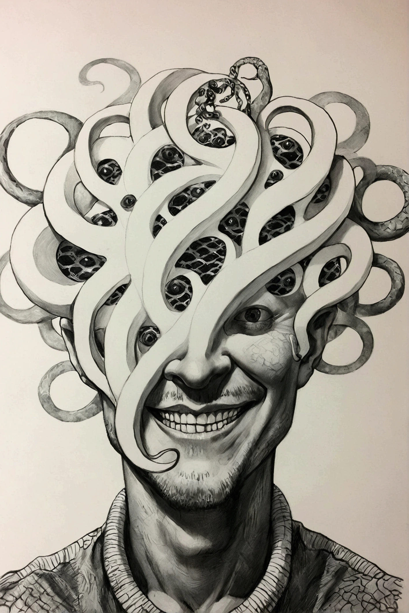  drawing of a man with a strange head made of snakes, Ink and pencil, Graphite on paper,  pencil and ink  drawing, Pen drawing, Surreal painting, 詳細なPencil drawing, Medusa's head ,  pencil and ink ,  fine lines and graphite ,  very detailed face , Beautiful , Complex Drawing, Pencil drawing, Detailed pencil sketch, Detailed view, Psychedelic Laughing Devil、Mobius Art