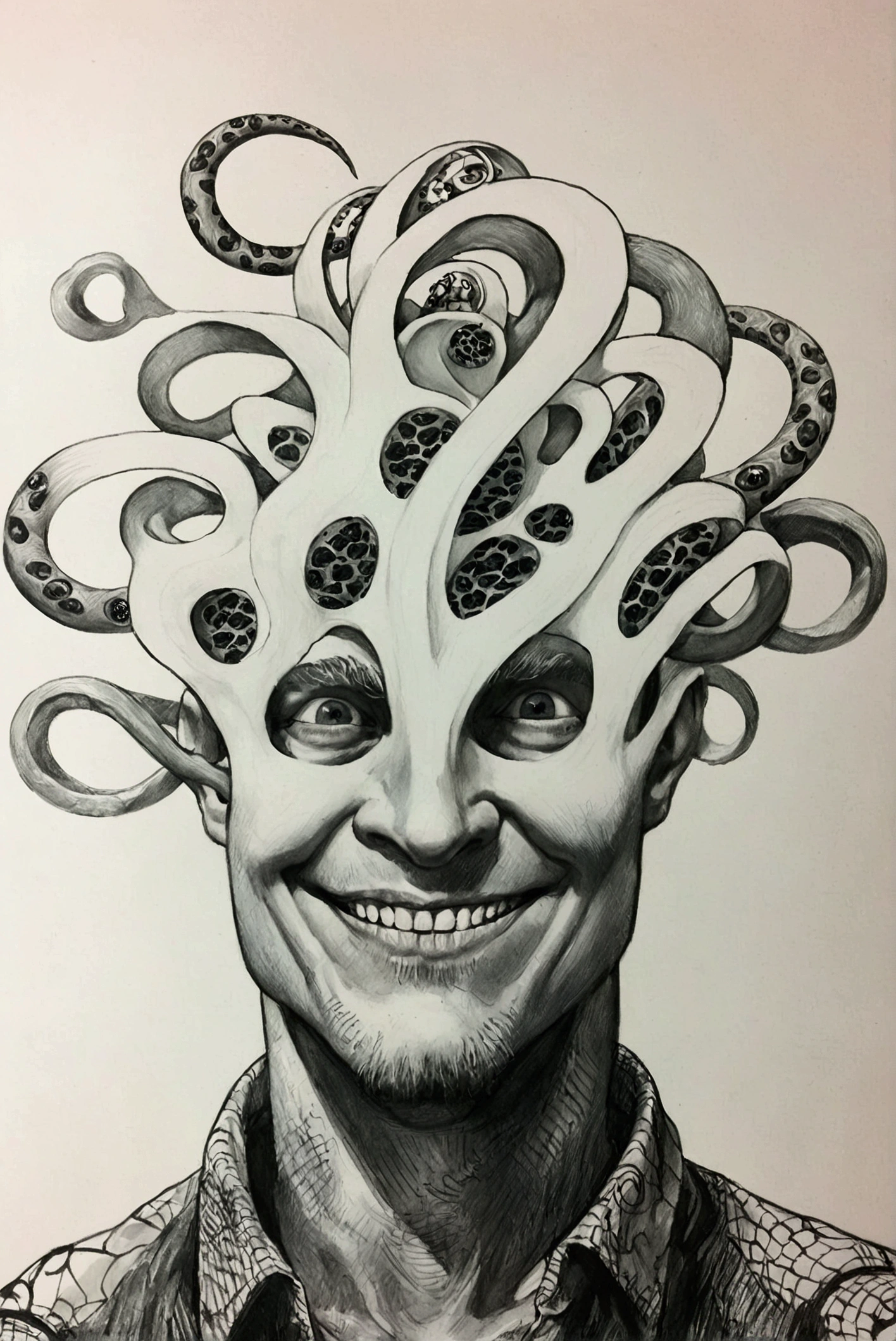  drawing of a man with a strange head made of snakes, Ink and pencil, Graphite on paper,  pencil and ink  drawing, Pen drawing, Surreal painting, 詳細なPencil drawing, Medusa's head ,  pencil and ink ,  fine lines and graphite ,  very detailed face , Beautiful , Complex Drawing, Pencil drawing, Detailed pencil sketch, Detailed view, Psychedelic Laughing Devil、Mobius Art