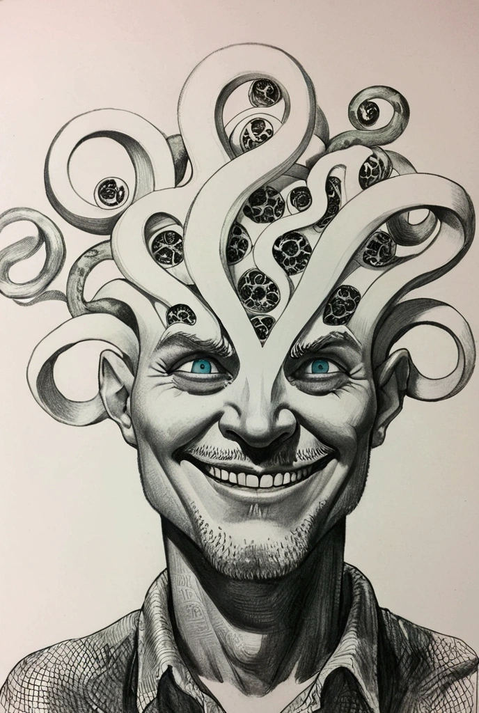  drawing of a man with a strange head made of snakes, Ink and pencil, Graphite on paper,  pencil and ink  drawing, Pen drawing, Surreal painting, 詳細なPencil drawing, Medusa's head ,  pencil and ink ,  fine lines and graphite ,  very detailed face , Beautiful , Complex Drawing, Pencil drawing, Detailed pencil sketch, Detailed view, Psychedelic Laughing Devil、Mobius Art