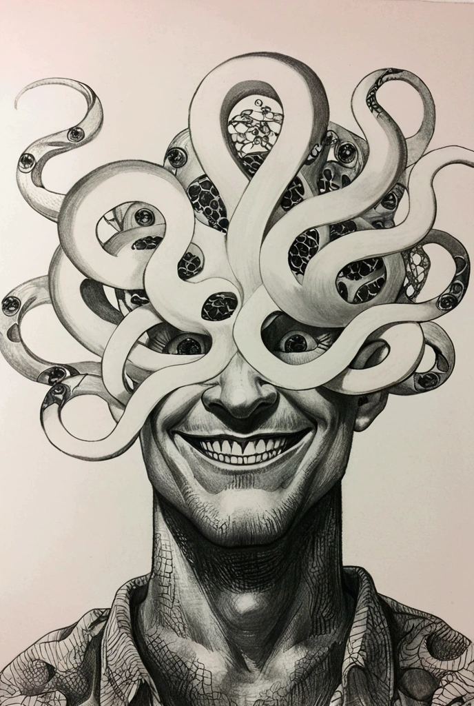  drawing of a man with a strange head made of snakes, Ink and pencil, Graphite on paper,  pencil and ink  drawing, Pen drawing, Surreal painting, 詳細なPencil drawing, Medusa's head ,  pencil and ink ,  fine lines and graphite ,  very detailed face , Beautiful , Complex Drawing, Pencil drawing, Detailed pencil sketch, Detailed view, Psychedelic Laughing Devil、Mobius Art