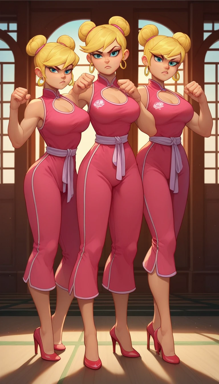 lola loud, 3girl, trio, 24yo girl, large breasts, pink cheongsam,  inside of a chinese temple, looking at viewer, blonde hair, two hair buns , hands  score_9, score_8_up, score_7_up, high heels, teep fighting stance,martial arts, triplets,  chest windows