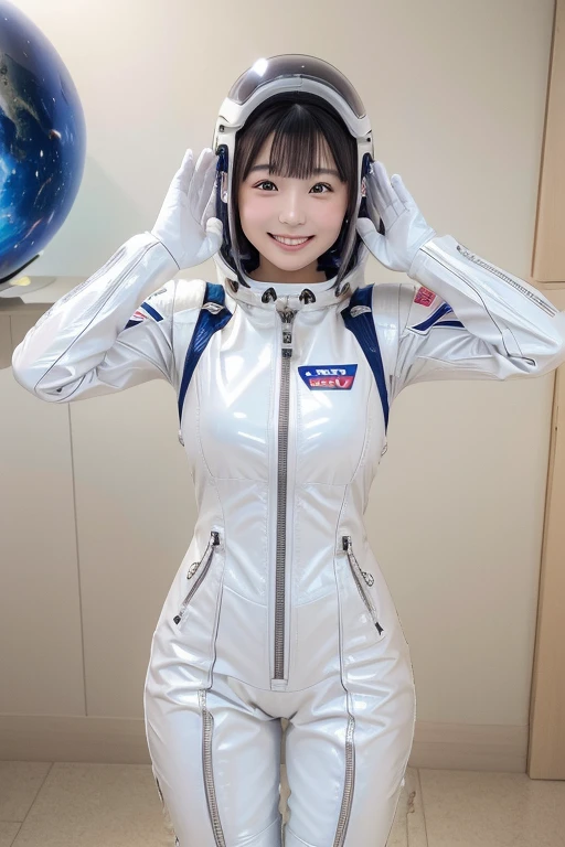  outer space 、Space Suit、Plump beauty、 Open the front zipper in half、Shiny Material 、 Supreme Masterpiece、High definition high image quality 、 photo-like realism、4K resolution、Inside the spaceship、ピチピチなSpace Suit、latex、 White Glove、 boots、smile、Stand and salute、SF、 Full Face Helmet 