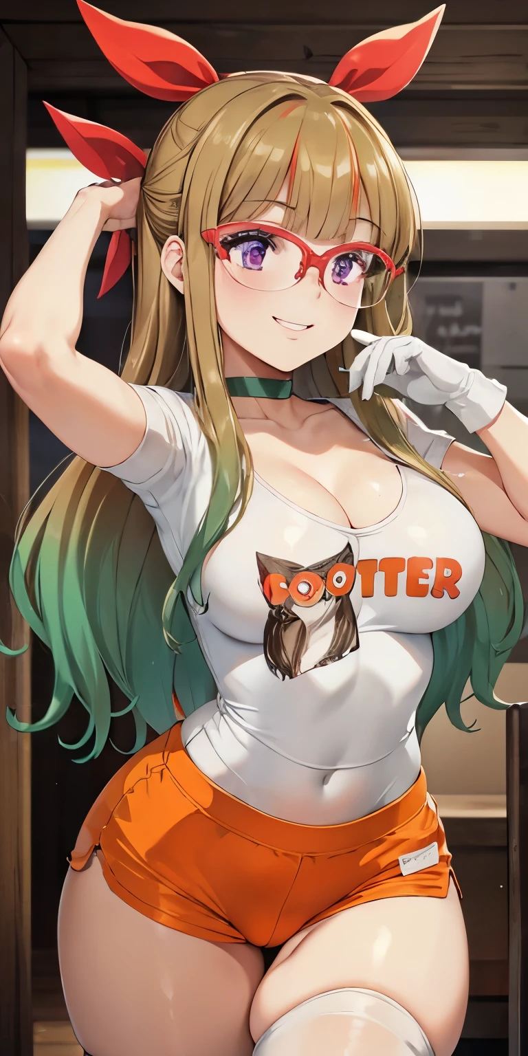 1 Female,High definition,high resolution,Ultra-realistic,8K,ohdoyuamu, 1girl, solo, long hair, green hair, blonde hair, brown hair, bow, ribbon, purple eyes, hair ribbon, hair bow, glasses, green choker, white gloves, blunt bangs, red-framed eyewear, white shirt, hooters, orange shorts, pantyhose,European,sexy,Upper body close-up,Photographed from the front,Dynamic Angles, beautiful face, smiling, highly detailed, HD