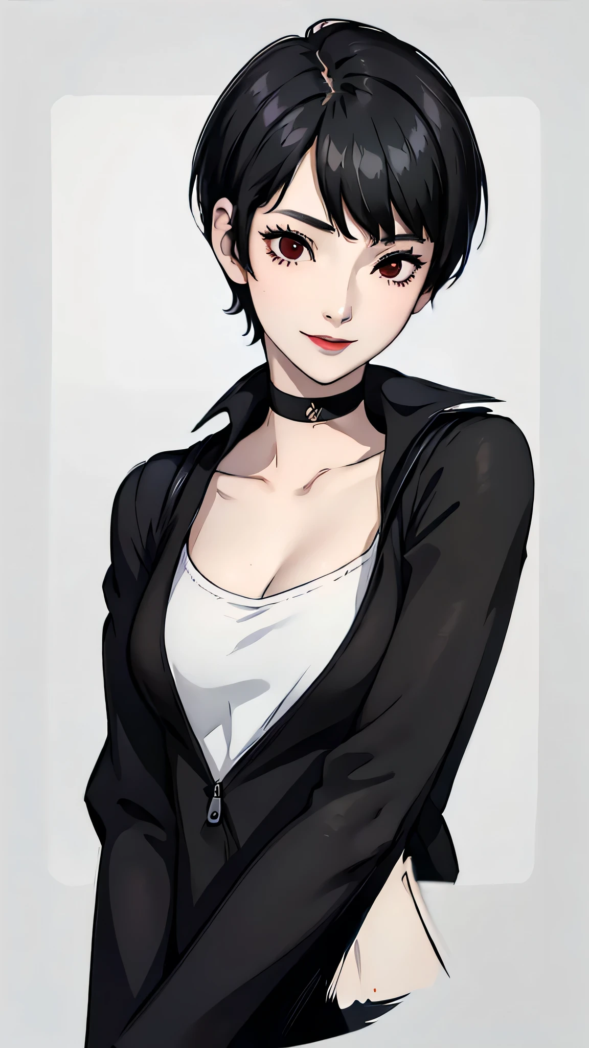 1 girl, very Short hair, tomboy Pixie haircut, black hair, red eyes, black lipstick, black lipstick, face portrait, black choker, black winter sailor uniform, front face, front face, face portrait, bangs, smile