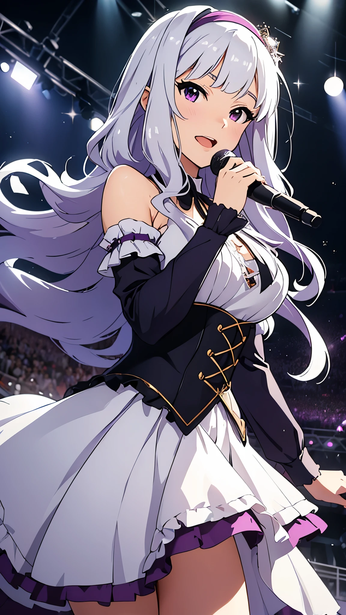 (beautiful woman: 1.3), takane shijou, white long hair, BREAK, purple dress, sleeveless dress,layered dress, cross-laced dress,long sleeves, bare shoulders, frills, detached sleeves, corset, singing, open your mouth wide, on a grand stage, (cinematic angle), idol concert, singing, looking at viewer, diva, stage, white curtain, stage lights, splendid, light particles, lens flare, depth of field, blurry, blurry background, (stars, glitters), milestone celebration, CG, unity, 8k, wallpaper, highest quality, masterpiece, best lightning