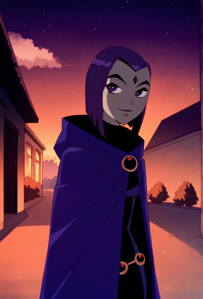 1girl, solo, raven (dc), purple eyes, purple hair, smile, grey skin, forehead jewel, blue cape covering whole body, cape touches the ground. long blue cape, standing, night, park, hood covered head, Masterpiece, Best Quality, 