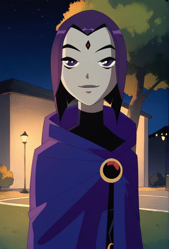 1girl, solo, raven (dc), purple eyes, purple hair, smile, grey skin, forehead jewel, blue cape covering whole body, cape touches the ground. long blue cape, standing, night, park, hood covered head, Masterpiece, Best Quality, 