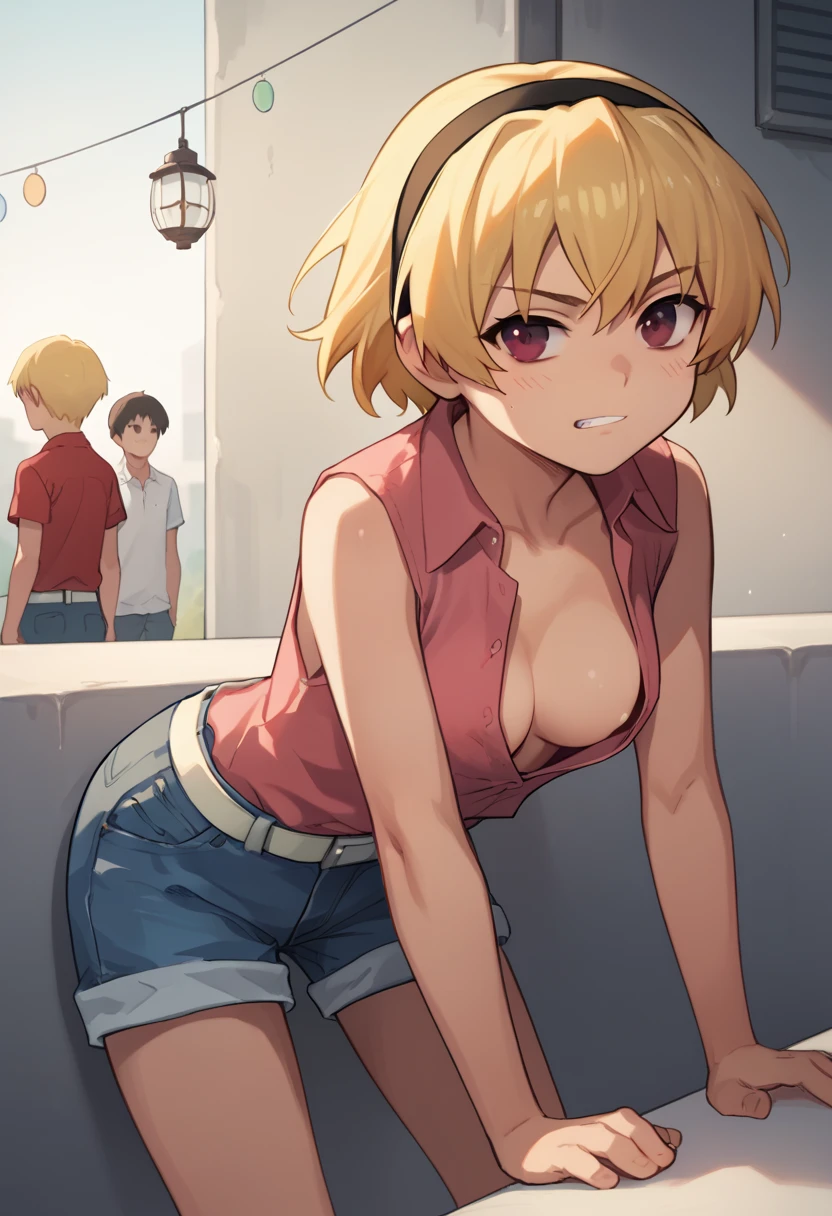 score_9, score_8_up, score_7_up, source_anime, 1girl, SatoCasual, blonde hair, red eyes, hairband, unbuttoned pink shirt, supple cleavage, nip-slip, accidental nipple, young version, medium breasts, white belt, denim shorts, facing viewer, leaning-in, leaning in close, face focus, bent over, devious and sultry expression, naughty and seductive face,