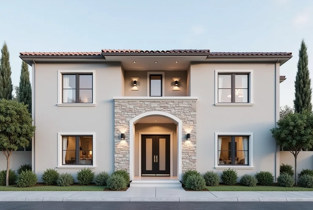 "Generate a modern two-story villa exterior with a symmetrical facade. The villa should have a combination of light gray stucco walls and stone cladding around the main entrance, providing a refined yet inviting look. Include a central arched doorway with dark double doors featuring glass panels. Surround the entrance with rectangular windows framed in white. The roof should be flat with a slight overhang, accented by recessed lighting underneath. Add landscaping at the front with neatly trimmed bushes and low greenery, and position tall green trees in the background to create a natural, serene setting. Use a clear blue sky for the background."

