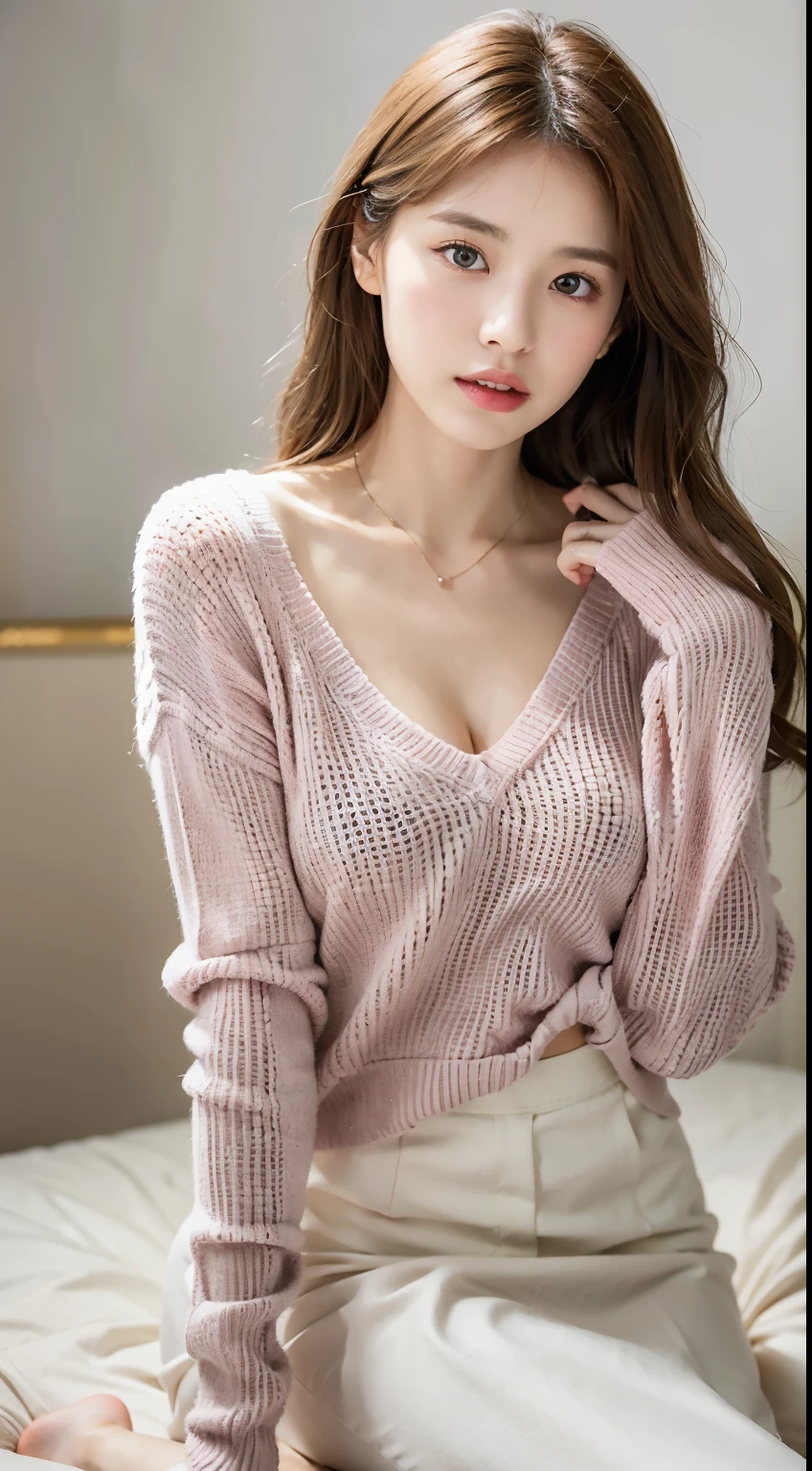 Highly detailed CG Unity 8k wallpaper, With the highest quality, super detailed, ​master piece, Realistic, photos realistic, extremely detailed cute girl, 25 years old, (Virgin Killer Sweater),cleavage,  jeans, (blush) , Round eyes, Large breasts, looking viewer, Half body shot , bathroom ,