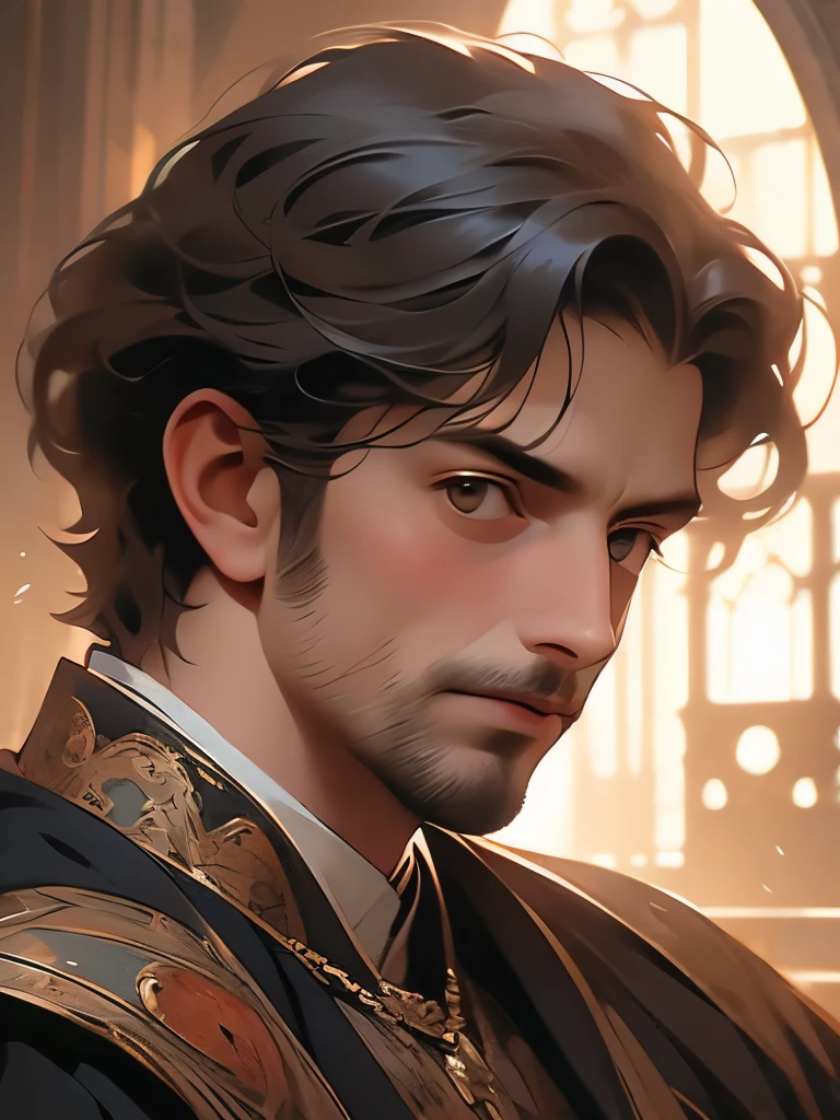 Regality Style, 1boy, beard, black hair, blue eyes, brown hair, collarbone, crown, earrings, facial hair, gem, hyur, jewelry, lips, looking at viewer, male focus, mature male, mustache, necklace, parted lips, portrait, short hair, smile, solo, upper body<lora:Regal:0.75>
