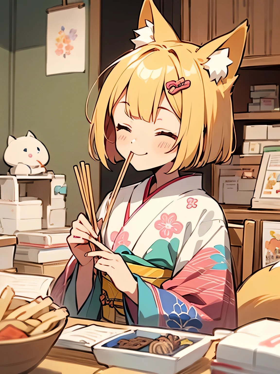 sideview,Alone,upperbody,(looking at viewer:1.3),(calamel blonde color bob),fox ear,smile,closed eyes,(beautiful some seasons flowers sando color rainbow design pattern kimono),japanease old house,indoor,(eat japanease noodle:1.2),japanese chopsticks,tabletop,(I am a mail charactor),(Enchanting chest:1.3),chibi fox(animal),(manga style),(sketch),(illustration),