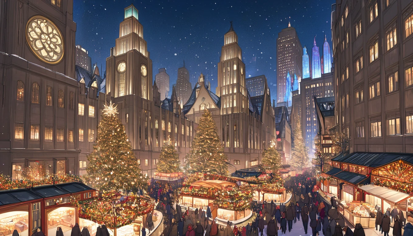 At a bustling Christmas market in New York City, vibrant stalls line the streets with festive decorations, twinkling lights, and holiday-themed items. People are dressed warmly in scarves, coats, and hats, smiling and enjoying the festive atmosphere. ren are holding cups of hot chocolate with marshmallows, and adults carry shopping bags filled with holiday gifts. The background includes famous New York City landmarks like the Rockefeller Center or a towering Christmas tree. Snowflakes gently fall, adding a magical holiday charm, and the scene is filled with warm lights from nearby buildings.Masterpiece,