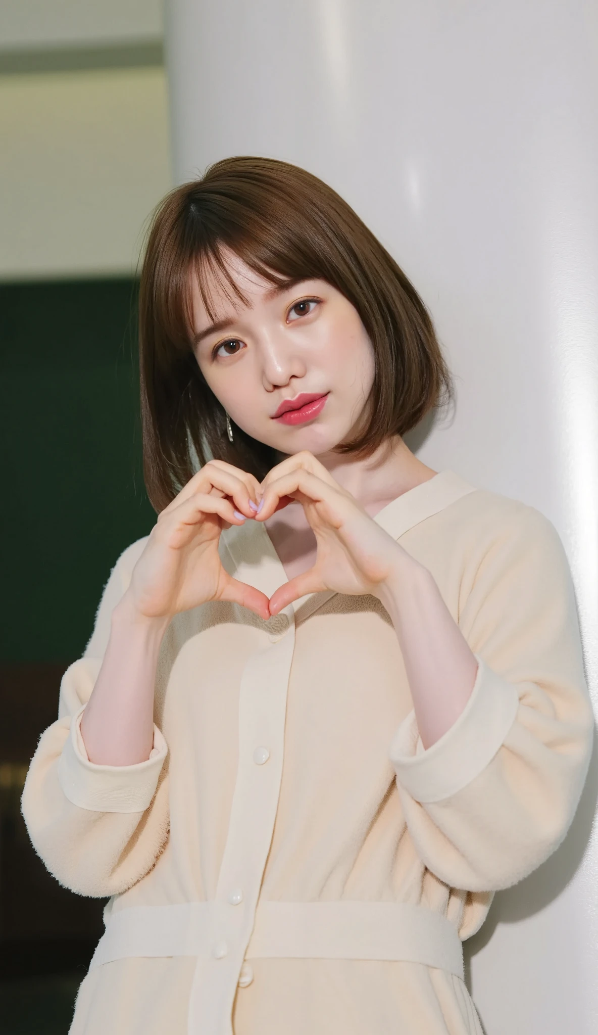 Only one woman with a cute smile wears cute, fluffy off-shoulder pajamas, makes a big heart shape with both hands, and poses them in front of her chest, View above collarbone、The background is a monotone 

