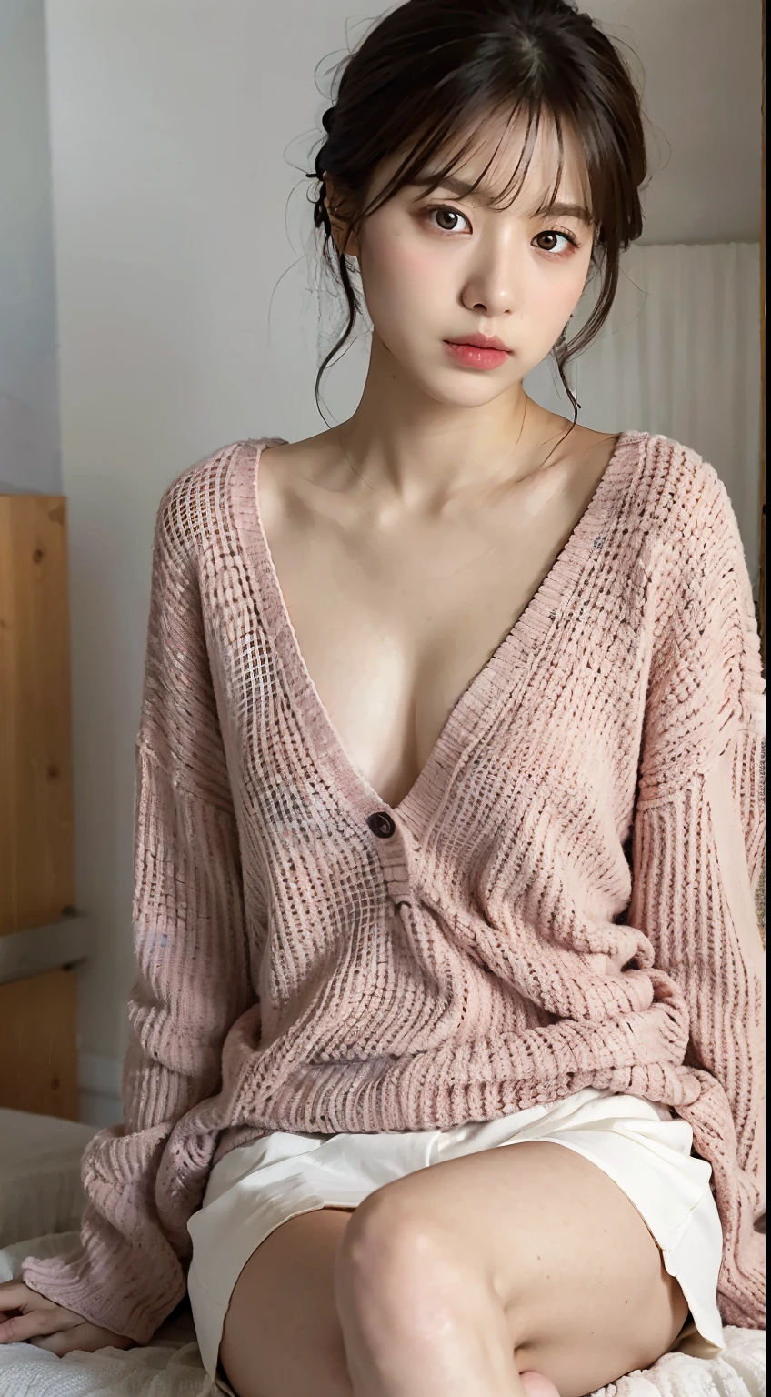 (highest quality, 8k, 32k, masterpiece, Ultra-high resolution:1.2),Beautiful Japanese Women Photos, Big Breasts, Very short bob hair,Upper Body,Face Focus,Extra Large_sweater, necklace, Simple Background, From above, View your viewers,make、Colorful hair colors、Plump thighs、Colorful underwear is visible、Floral Panties