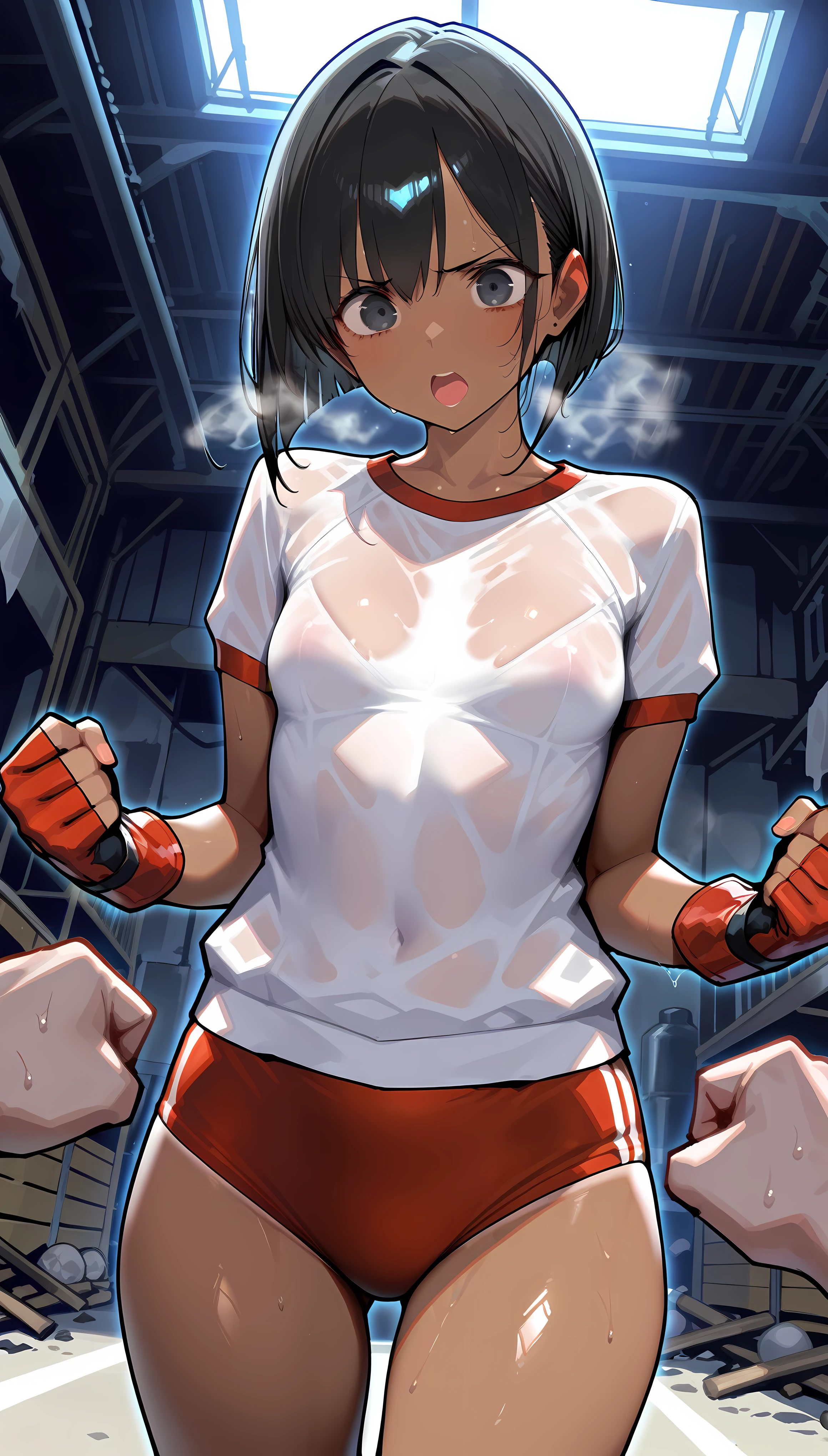 masterpiece, best quality, ultra-detailed, illustration, an extremely delicate and beautiful,high resolution, ultra-detailed,,perfect face,slender perfect body, Tight belly,Toned buttocks,Constricted waist,,(blue school uniform1.7),(bike shorts under red skirt:1.5),(in skyscraper:1.3),10yo,child,(boxing gloves,fighting pose:1.5),(mesh hair:1.2),(very short hair),(anger),(shirt comes off:1.7),(very long hair), shy daughter, short stature,(small breasts),( sweaty skin:1.2),(front view:1.5),(bike shorts),(show off bike shorts),(spread legs),(cameltoe:1.2)