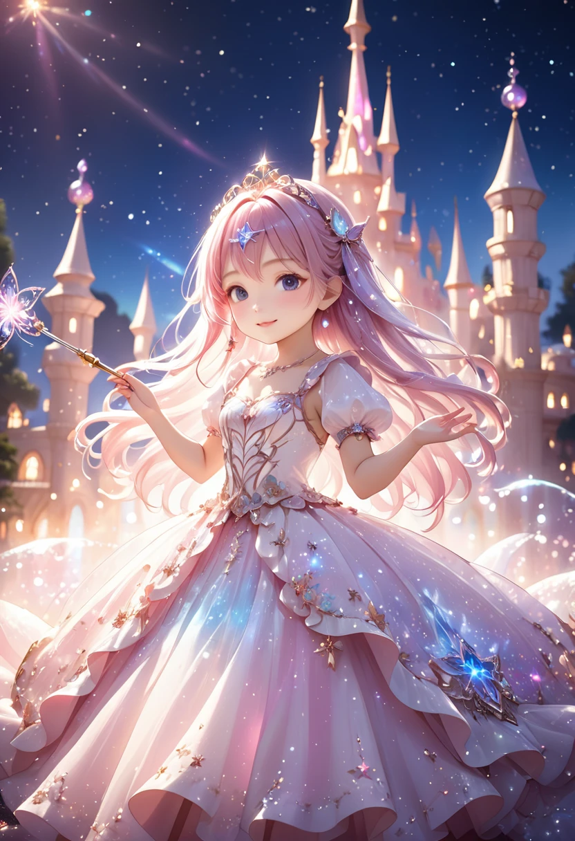  (Best Quality, 4K, 8k,  Hi-Res, masterpiece:1.2, Super detailed), Fantastic starry sky, Beautiful girl from the magical world waving a magic wand, red luminous dress,  gentle smile, Starry Castle ,  fairy tale, A magical night,  Dreamy Charm , Celestial Beauty ,  Wonder and Magic , Mysterious castle,  Magical Aura , Twinkling Star, Guardian of the Light,  Magical Girl Waving a Magic Wand , Night Wizard,  Legendary Tales ,  detailed illustration art, CG,  fantasy art, cartoon animation art, 