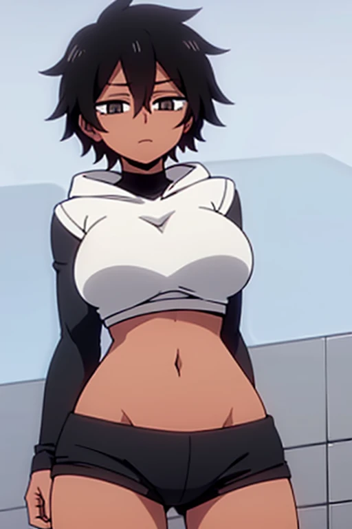 short messy hair, white hair (masterpiece), best quality perfect face beautiful girl, feminine, defined curves, cinematic, aesthetic, shadows, gorgeous, amazing, 1girl, dark skin, best quality, expressive eyes, (black eyes:1.3) ringed eyes, midriff, white turtleneck sweater, long sleeves, black panties, in bedroom