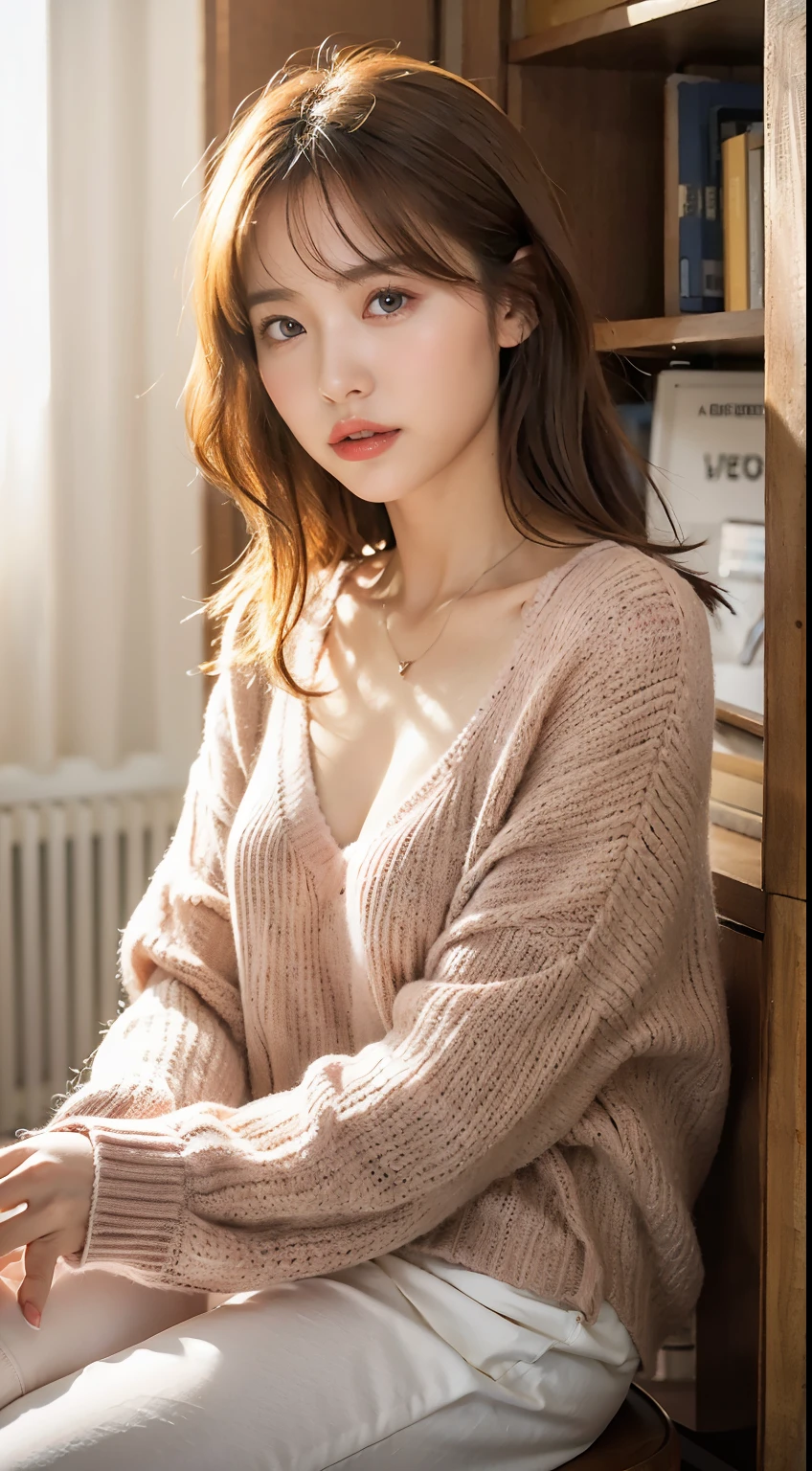 (in 8K, Photorealistic:1.25) ,( small lip luster, Eye lashes, Gloss Face, Glossy glossy skin, best qualtiy, 超A high resolution, depth of fields, color difference, Caustics, Wide light, Natural Shadow, ) Standing Pose,slender,brown haired, Blunt bangs, hair behind ear, hair over shoulder, Long hair,Middle cleavage,beauty legs, heel,realisticlying