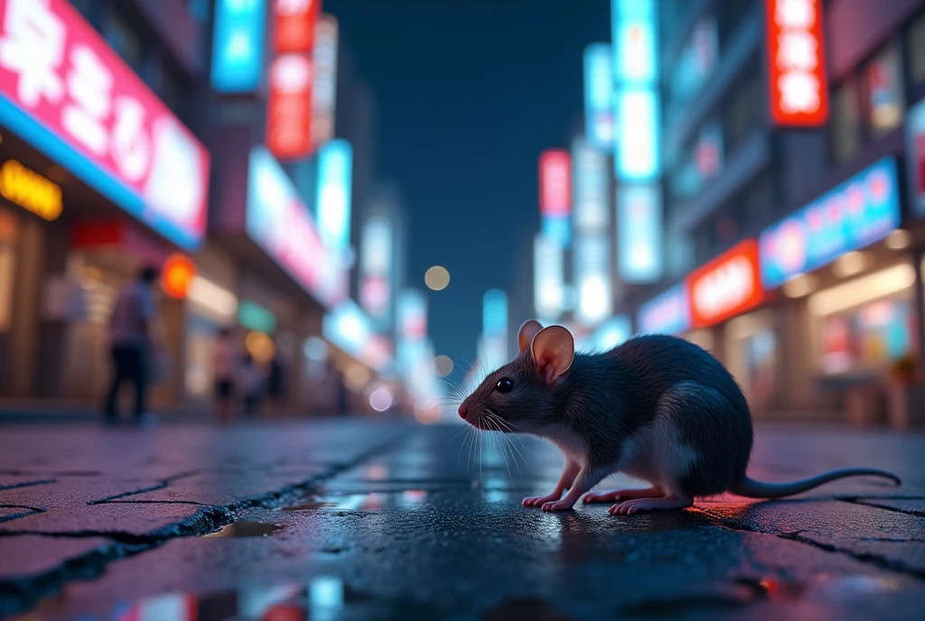 Back view of a mouse,from below,  focus on the rat, Night view, Futuristic Streetscapes ,カラフルなfluorescence色の光,masterpiece,  Hi-Res,  high detail ,  High Quality ,  Ultra High Definition, fluorescence, Reflected Light, 8k,  digital art, 