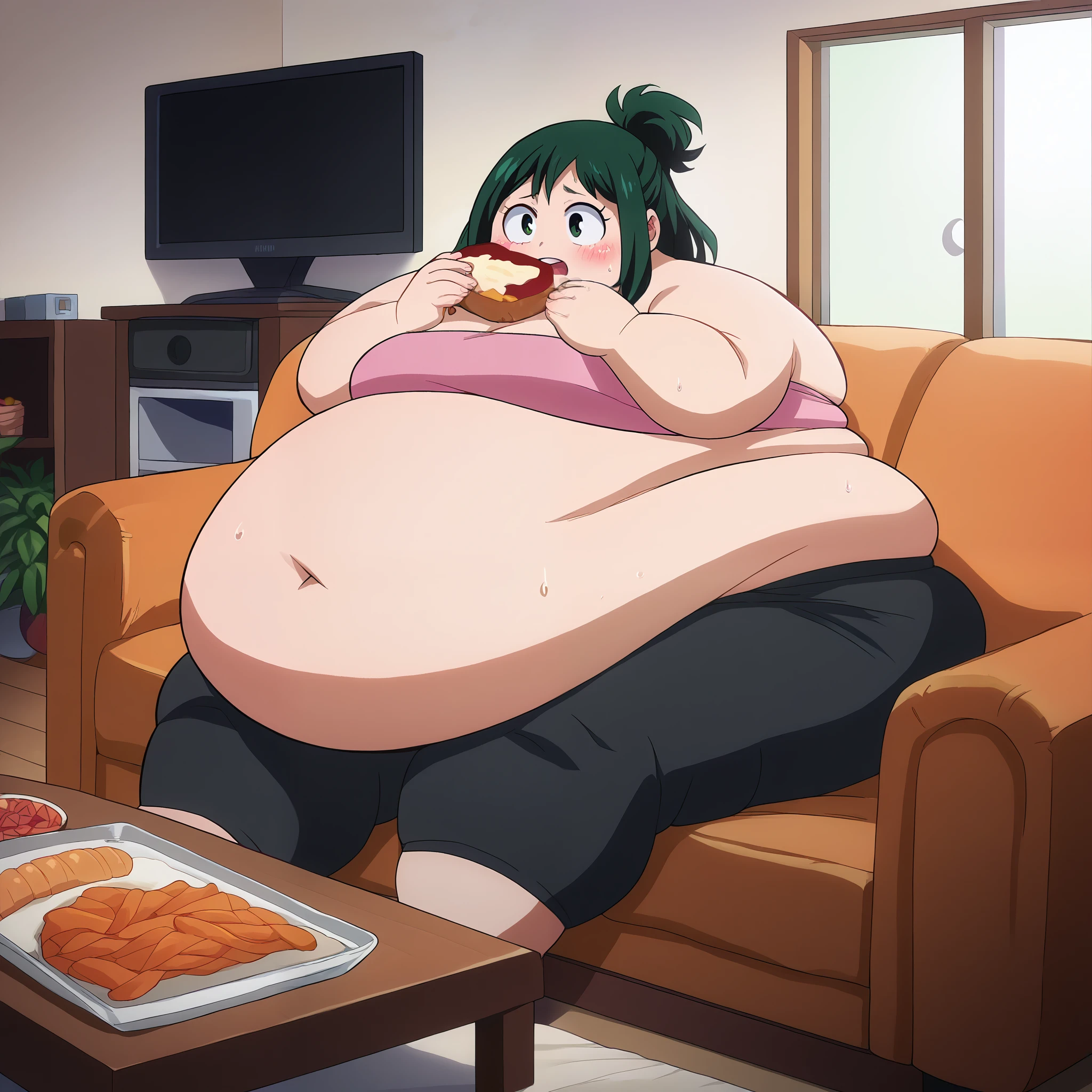 score_9, score_8_up, score_7_up, source_anime BREAK 1girl, Midoria Inko, green hair, green eye, short hair, female , blush, ganryu, tube top, black bike shorts, house, living room, blush,  sweating, growing fatter, fat, chubby, obese, full body shot, gigantic arms and legs, sitting, couch, watching tv, stress eating, open mouth, spilled food, huge belly, dazed, went into shock, food coma, having a seizure, drooling 