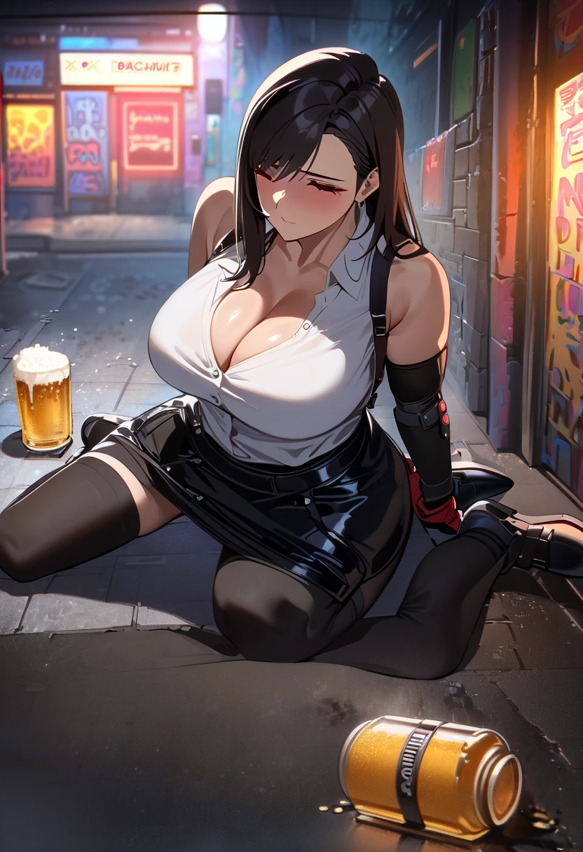 Best Quality、 Supreme Masterpiece、 one woman、Neon Street Back Alley at Night 、 Tifa Lockhart 、 white button shirt、 cleavage、 Black Slit Skirt、 black panties 、 black thigh-high socks、 black high heels、Sit on the ground、Drunk、Beer 