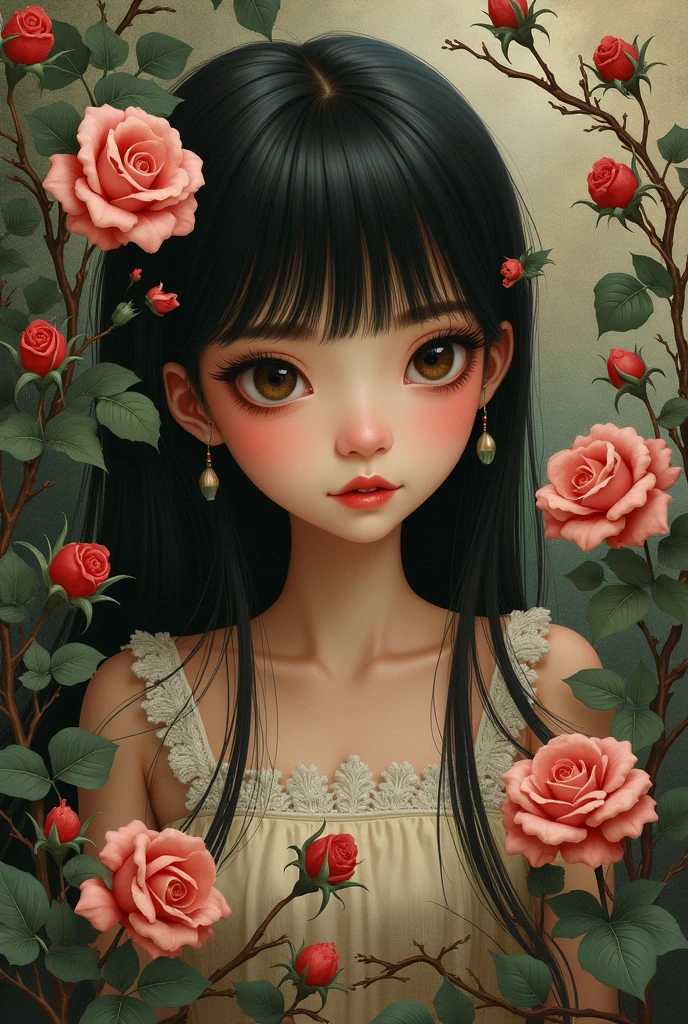 a drawing of a girl with a rose in her hand, inspired by Louis Grell, speedpaint, tired and haunted expression, halfbody portrait, drawn with photoshop, art in the style of joshy sly, tired haunted expression, horrifying :4, haunted sad expression, desaturated!, by Altichiero, inspired by Junji Ito, desaturated!!