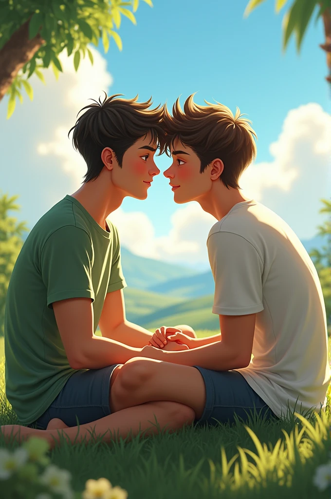 create an image with two teenage boys on a bench. a taller man sitting with short black hair and tanned skin toned body sleeveless shirt and shorts. lying with his head in his lap is the other thin, smaller boy with fair skin and messy, curly brown hair, wearing plaid pants and shirt. the two have their hands on each other&#39;s heads, getting closer to kiss each other on the mouth. the scene is a mountain with trees around it. use references from yaoi manhwas imitating the watercolor style.