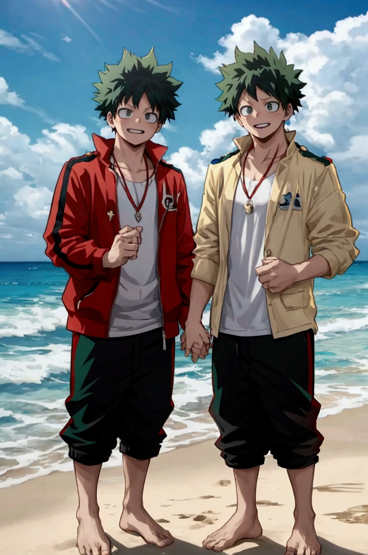 Bakugou Katsuki and Midoriya Izuku taking a picture on a beach showing their wedding rings 