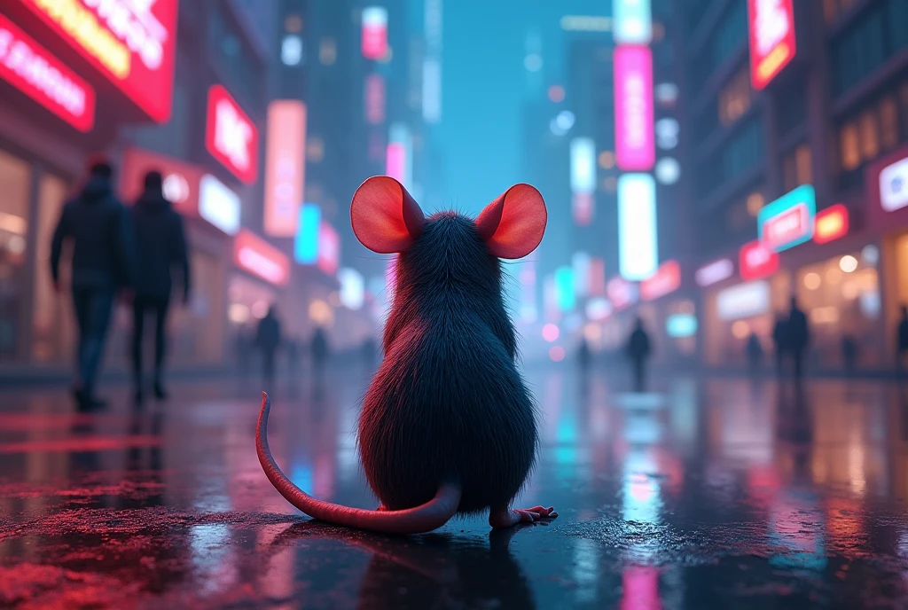 Back view of a mouse,from below,  focus on the rat, Night view, Futuristic Streetscapes ,カラフルなfluorescence色の光,masterpiece,  Hi-Res,  high detail ,  High Quality ,  Ultra High Definition, fluorescence, Reflected Light, 8k,  digital art, 