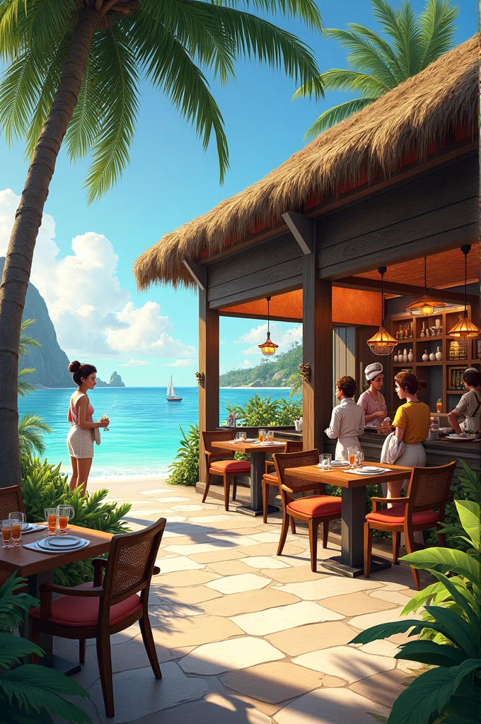 Cozy and cute open cafe interior in Hawaii, with white clouds and blue sky outside, high quality, high resolution, detailed, colorful, bright, sunny day, blue ocean water, anime illustration. Hawaii, golden hour, dusk, , 32k, --ar9:16--