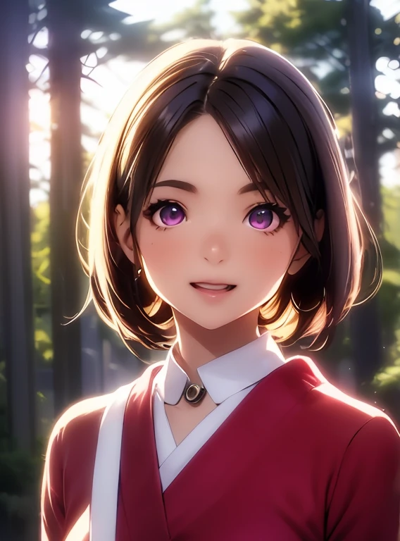   Hi-Res ,In 8K, best quality, Details,Semi-realistic anime, D-anime style, smooth animated CG, one girl , 19-year-old Japanese woman,slim,modeling,((Sparkling Eyes)),(( very short hair)),(( short bob)),(Maroon Glowing Hair ), pink lips, Shiny brown hair, Detailsな顔,Beautiful and  Details,,((深い青紫色のSparkling Eyes)),(Open your mouth),(Laughter),(( silhouette)),(( towards the twilight scene))、((No bangs))、((hair intakes)),(Forest Trees々の silhouette) 、Super multiple exposure effect where you can see the background through your clothes ,