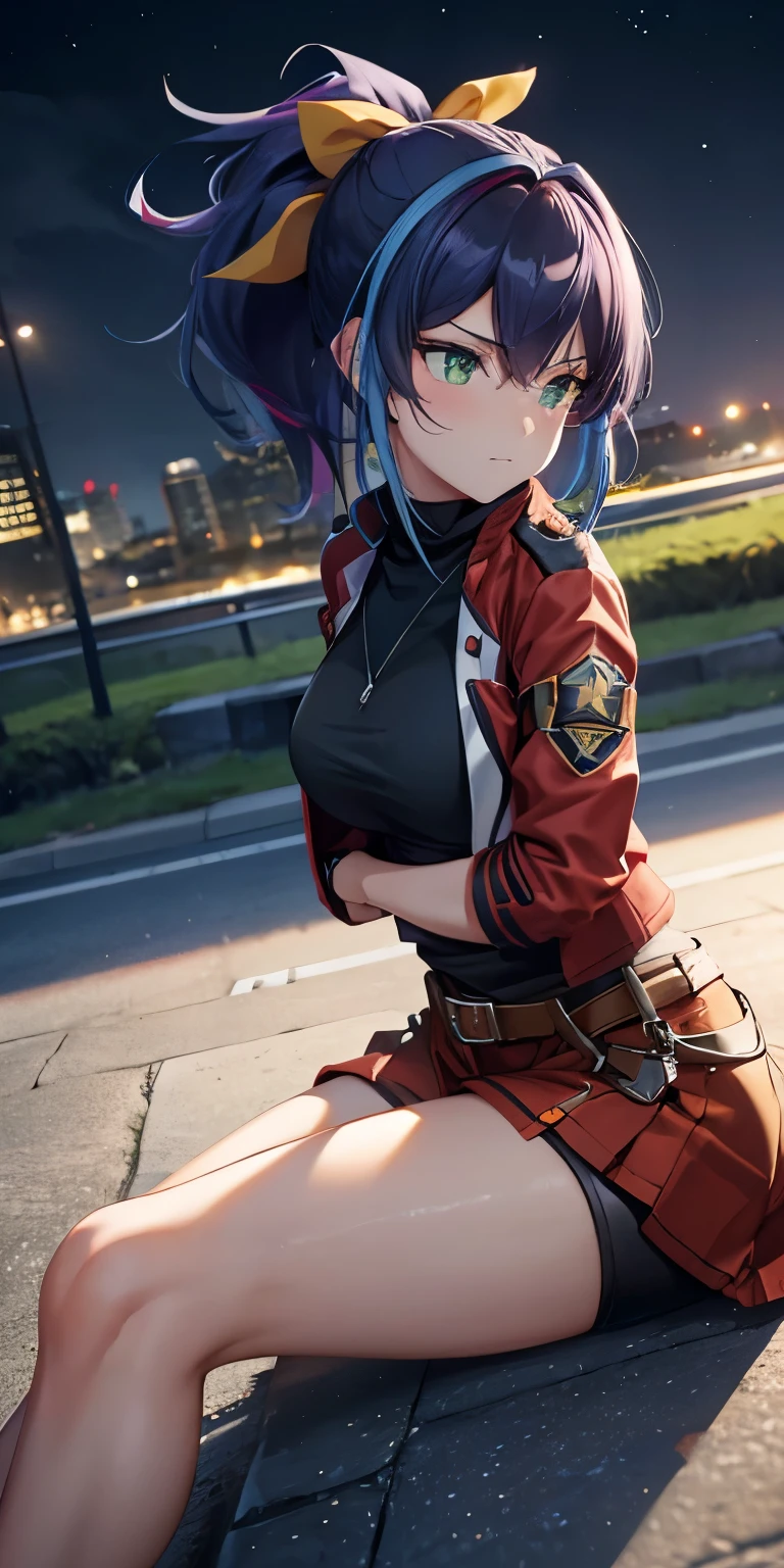 1 Female,High definition,high resolution,Ultra-realistic,8K, aaserena, ponytail,(multicolored hair),green eyes,black shirt,jacket,belt,red skirt,(shorts under skirt), tight skirt, miniskirt,European,sexy,Upper body close-up,Photographed from the front,Dynamic Angles,private teacher,blush, medium tits ,outdoors, moonlight, dark sky, buildings,full body,4k, ultra high definition, perfect face, detailed face , (isometric profile view), sitting ,(pov, closed shot:1.2) ,thinking