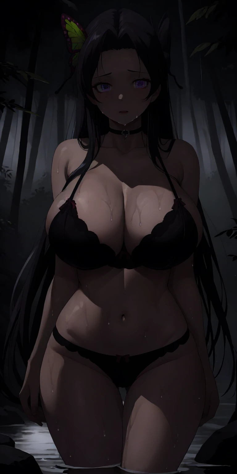 masterpiece, ultra high-quality, extremely detail 8k cg, high resolution, 1girl, mature female in hair, kochou kanae, butterfly hair ornament, parted bangs, hair intakes, black hair, violet eyes, tan skin, cleavage, jewelry, big boobs, gigantic breasts, collarbone, choker, midriff, navel, bra, panties, lingerie, thigh gap, thighs, beautiful face, night time, outdoors, forest, river, raining, wet hair, wet body, wet clothes, (at night, darkness, no light:1.4)