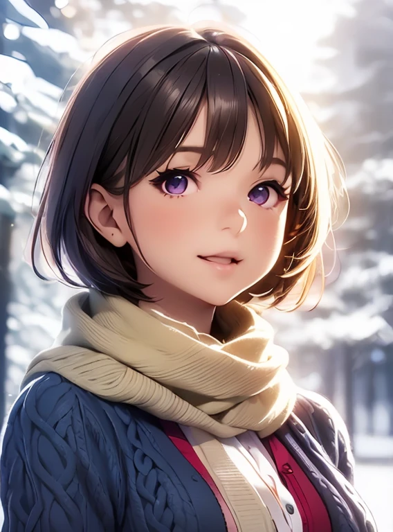   Hi-Res ,In 8K, best quality, Details,Semi-realistic anime, D-anime style, smooth animated CG, one girl , 19-year-old Japanese woman,slim,modeling,((Sparkling Eyes)),(( very short hair)),(( short bob)),(Maroon Glowing Hair ), pink lips, Shiny brown hair,(( light cream cardigan )),((Winter scarf )), Detailsな顔,Beautiful and  Details,,((深い青紫色のSparkling Eyes)),(Open your mouth),(Laughter),(( silhouette)),(( super multiple exposure effect where you can see the background through the clothes))、((No bangs))、((hair intakes)),(Forest Trees々の silhouette) 、Super multiple exposure effect where you can see the background through your clothes ,